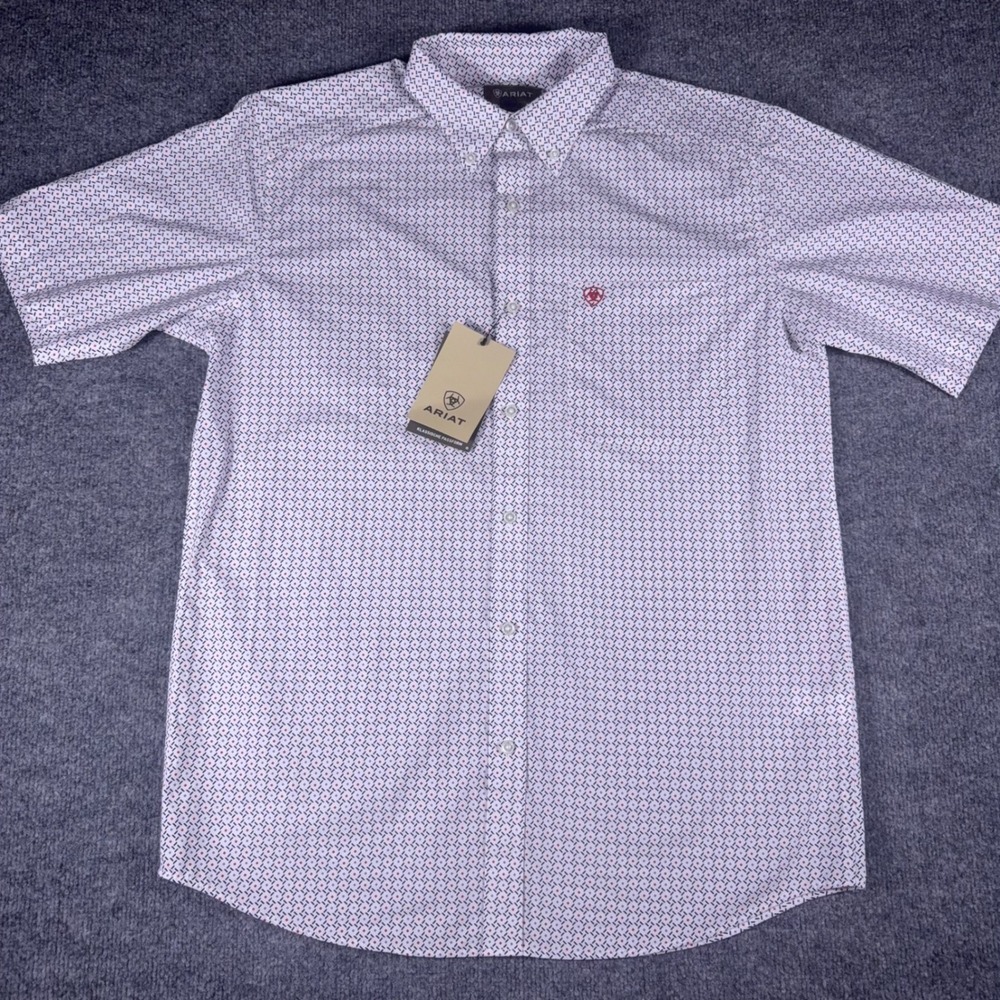 Ariat Britton SS Shirt Mens Medium White Geo Print Classic Fit Button Down NEW